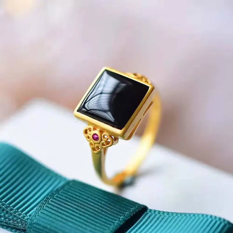 

Natural jasper black onyx square geometric opening adjustable ring palace style gold craft women's silver jewelry