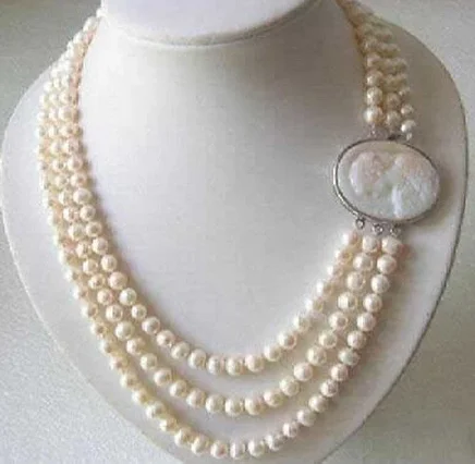 

Genuine 3 Rows 7-8MM Freshwater pearl Necklace Cameo Clasp