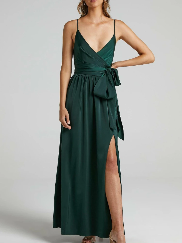 

Женское длинное вечернее платье, элегантное зеленое платье макси с V-образным вырезом, открытой спиной и разрезом, лето 2022