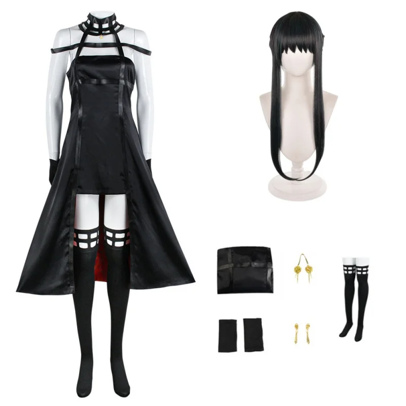 

Anime Spy X Family Yor Forger Cosplay Wig Dress Suit Black Red Skirt Uniform Yor Briar Earring Long Hair