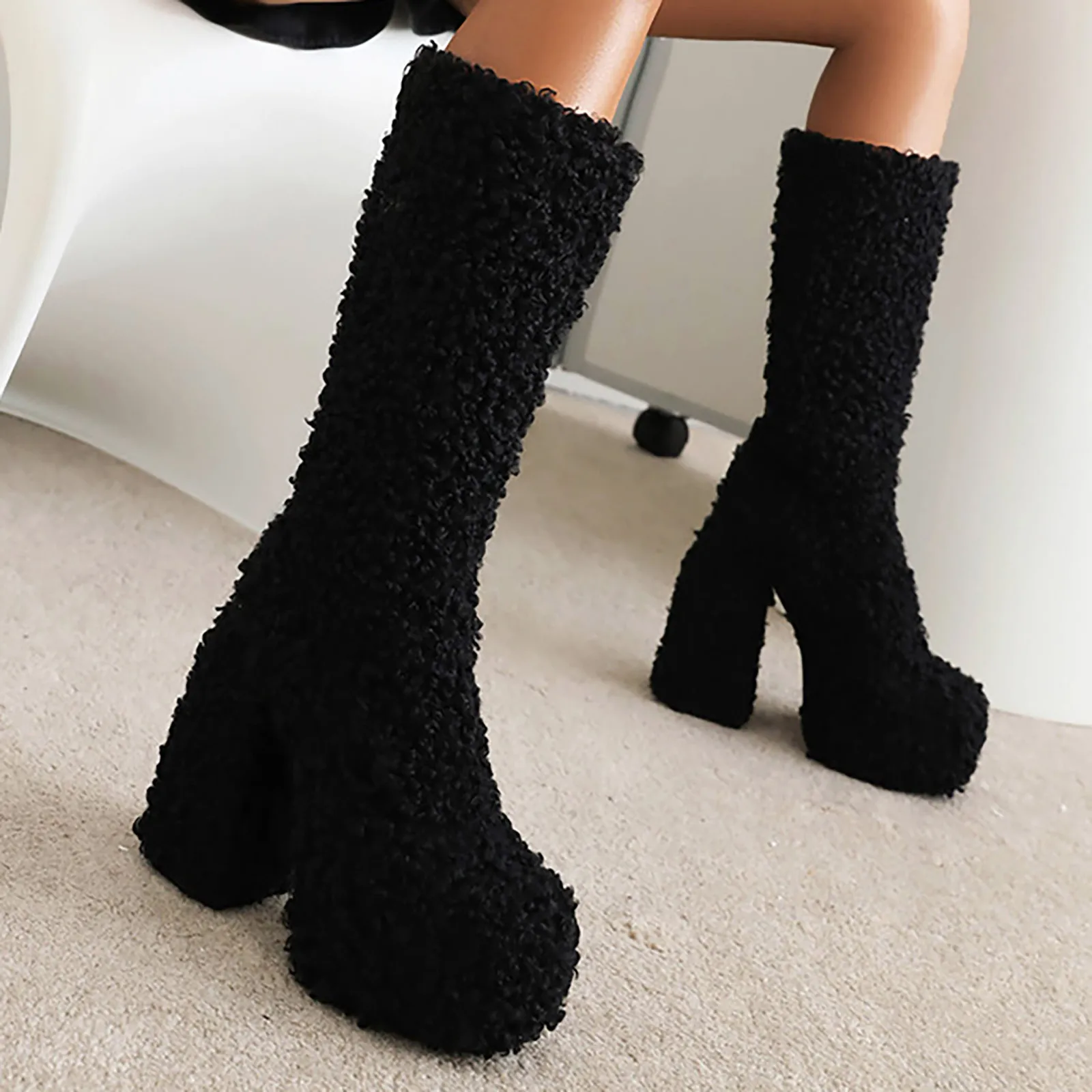 

Thick Sole Platform Winter Shoes Women Knee Boots Plush Cotton Comfortable Walking Autumn Square Heel High Boots Female