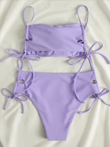 String Bandeau Bikinis 2023 Women High Waist Swimsuit Solid Summer Swimwear Female Swimming Beachwear Bathing Suit Biquine