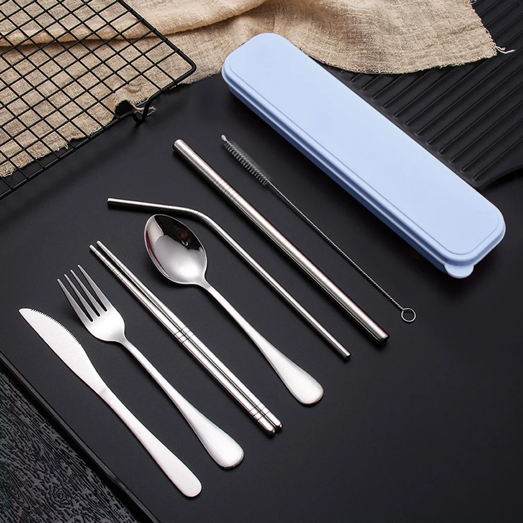

Metal Dinnerware Set Stainless Steel Straw Spoon Fork Chopsticks Cleaning Brush Kit Travel Camping Cutlery