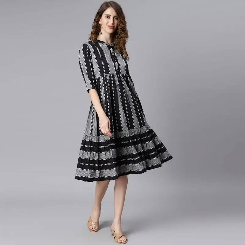 

Chinese Neck 3/4 Sleeve Striped Black Cotton Western Dress For Women,Summer Dress/Summer Wear
