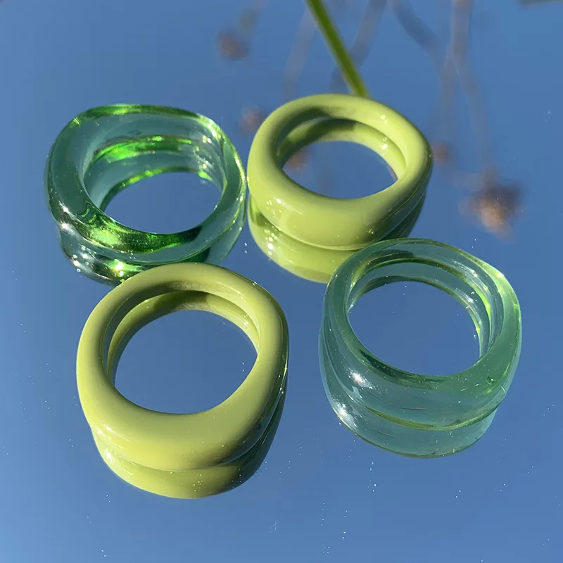 

2pcs Japan and South Korea Sweet Girls Irregular Matcha Ring diy Resin Emerald Green Simple Solid Ring Girl