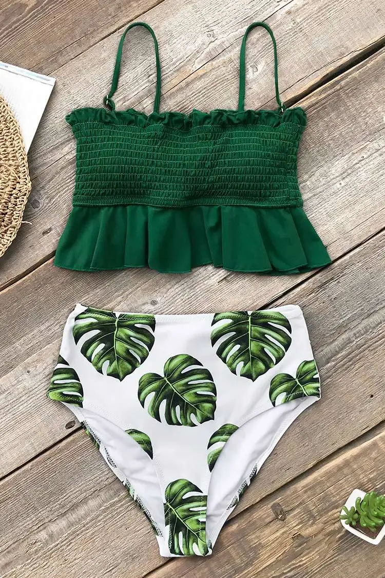 

Smocked Green and Monstera High Waisted Bikini