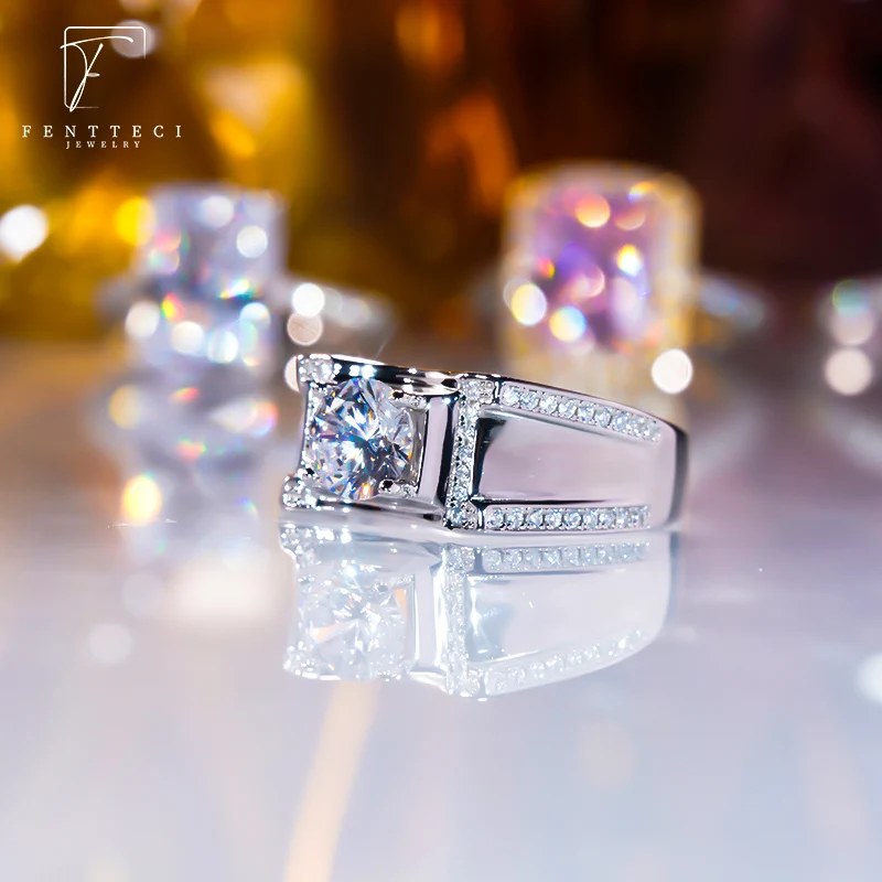 FENTTECI 925 Sterling Silver D Color Moissanite Men's Ring Simple 4 Prongs Fashion Domineering 1ct Men's Wedding Engagement Ring