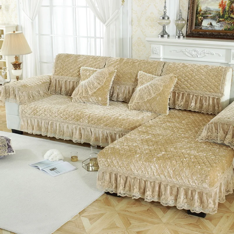

European Vintage Soft Thicken Velvet Quilted Sofa Cover Lace Decor Short Plush couch Covers For Living Room L Shaped Sofa Towel