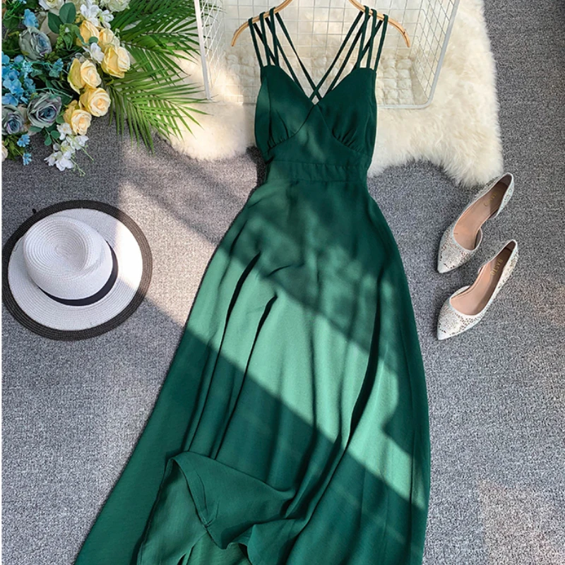 

Summer Sexy Suspender Backless Long Chiffon Dress Holiday Solid Spaghetti Strap V Neck A-line Ankle Long Beach Dress