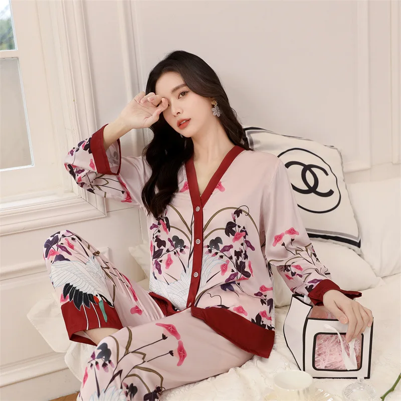 FALLINLAOE New Women's Pajamas Set Luxury Print Sleepwear V Neck Kimono Casual Homewear Satin Silk Like Nightwear Femme Petite