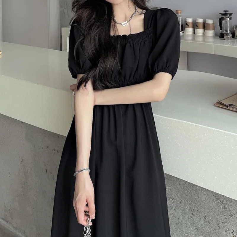 

2022 Black Vintage Midi Dress Elegant Women Dresses Square Collar Puff Sleeve Oversized Loose Casual Sundress Female Robe