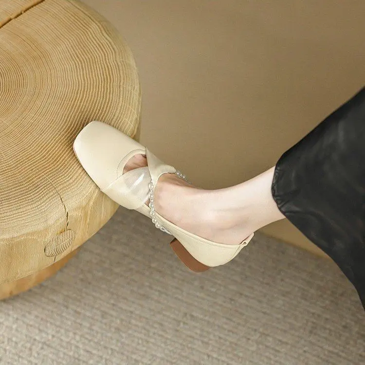 

Женские туфли с квадратным носком, удобные элегантные туфли на низком каблуке, с украшением из жемчуга, мягкая модная обувь с бисером