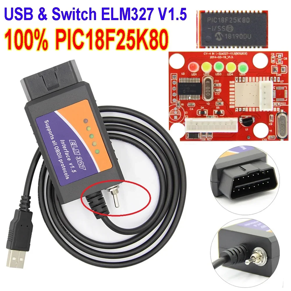 Фото Лучший USB-переключатель ELM327 V1.5 PIC18F25K80 чип HS-CAN/MS-CAN для FORScan elm327 v1.5 для диагностического сканера Ford OBD2 №1