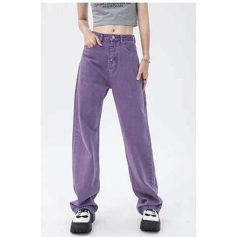 Vintage Womenn Jeans Vintage Purple High Waist Streetwear Fashion 2022 Summer Straight Jean Pants Baggy Wide Leg Denim Trousers