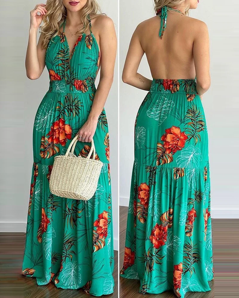 

Women Elegant Off Shoulder Long Party Dress Autumn 2021 Vintage Chain Print Maxi Dresses Lady Sexy Short Sleeves Beach Dress