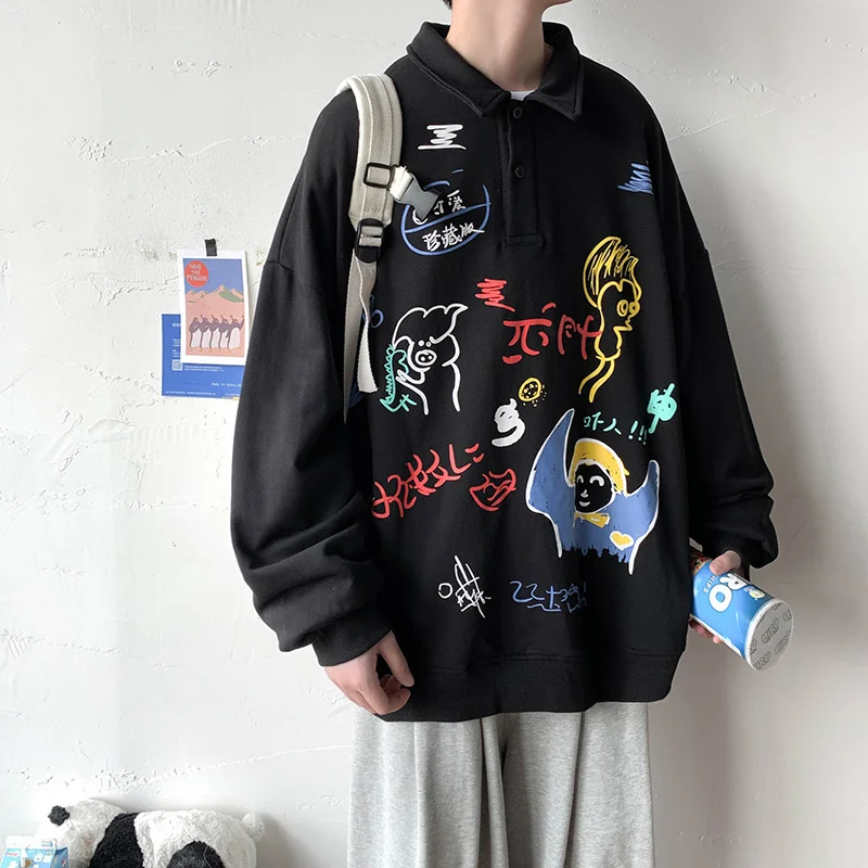 

Streetwear Shirt Lapel Sweatershirt Men's Graffiti Print Pattern Pullovers Oversize Harajuku Unisex All-match College Style Tops