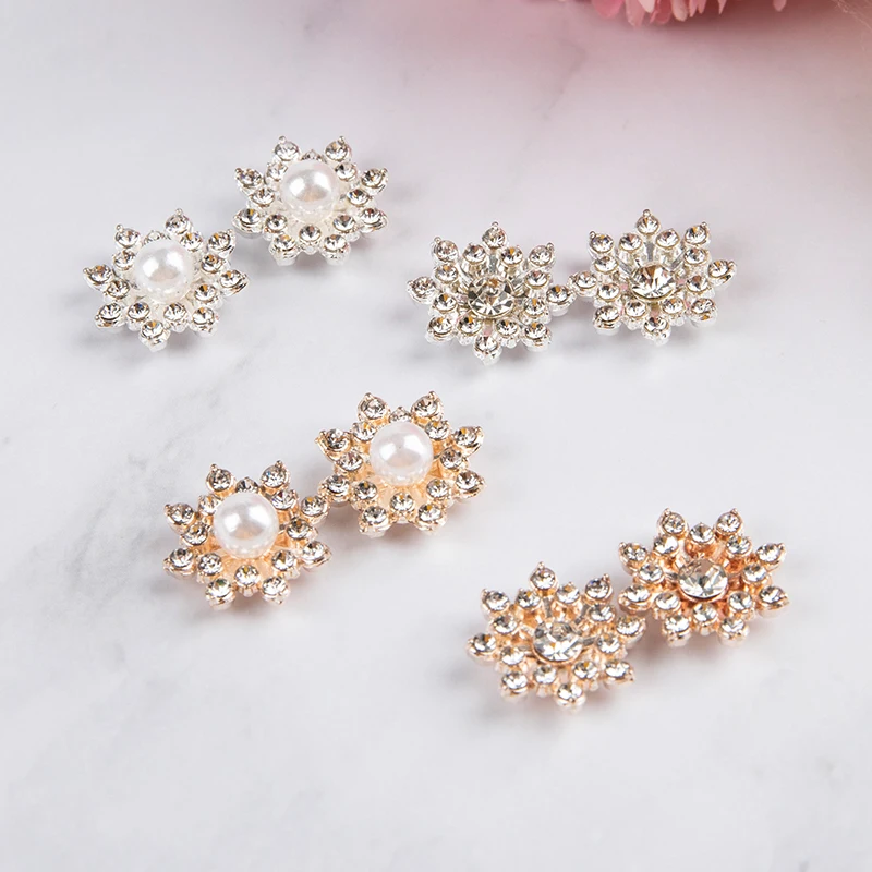 

10PCS 16mm Rhinestone Snowflake Cabochon Metal Vintage Buttons For Clothing Flatback Plating Pearl DIY Craft Apparel Sewing