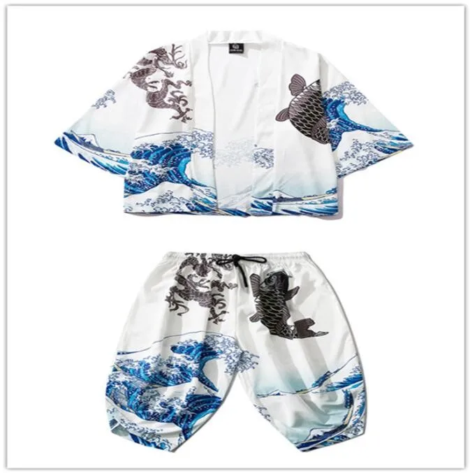 3XL Print Crane Men Kimono 2PCS Robe Sets Chinese Casual Loose Pajamas Spring Autumn 3/4 Sleeve Cardigan Suit