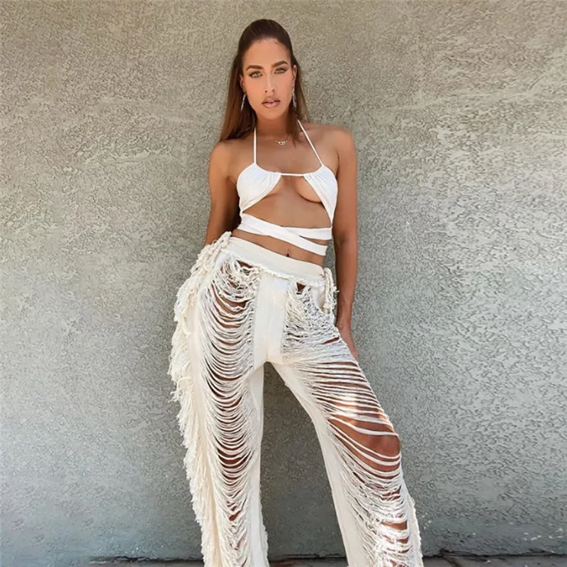 

Y2K Solid Ripped Loose Straight Pants for Women Hipster Tassel Hollow Out High Waist Sexy Streetwear Casual Trousers 2022