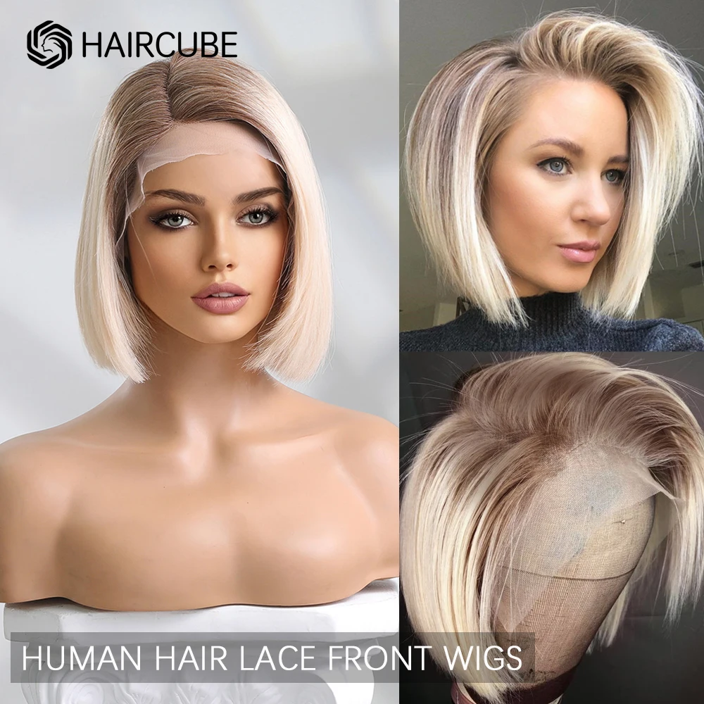 HAIRCUBE Short Blonde Human Hair Wig Remy 13×5×1 Lace Front Wig with Baby Hair Ombre Straight Bob Lace Frontal Wigs for Women