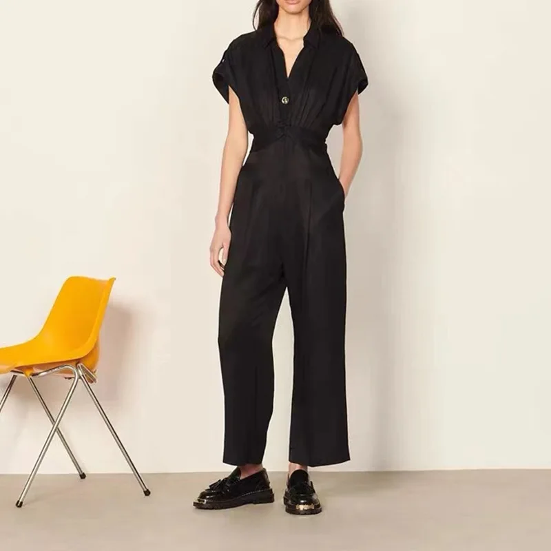 Short-sleeved V-neck Simple Wide-legged Pleated Waist-skimming Jumpsuit New Women's Spring/summer 2022