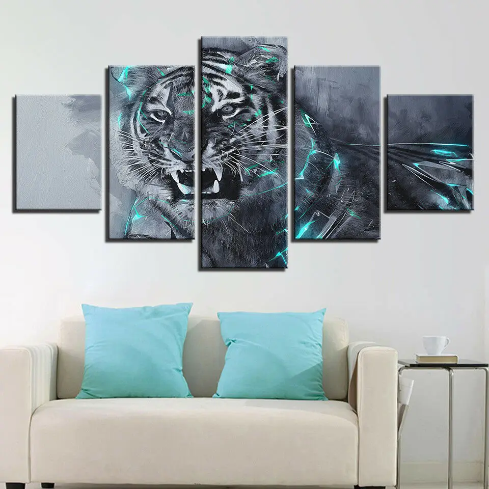 

5 Piece Angry White Tiger Lights Animal Cuadros Paintings Wall Art HD Pictures Posters Home Decor for Living Room Decorations