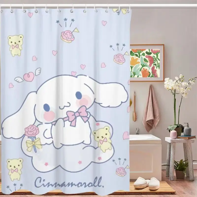 

Kawaii Sanrios Cinnamoroll Kuromi My Melody Kitty Anime Cartoon Shower Curtain Bathroom Waterproof Curtain with Hooks Girls Gift