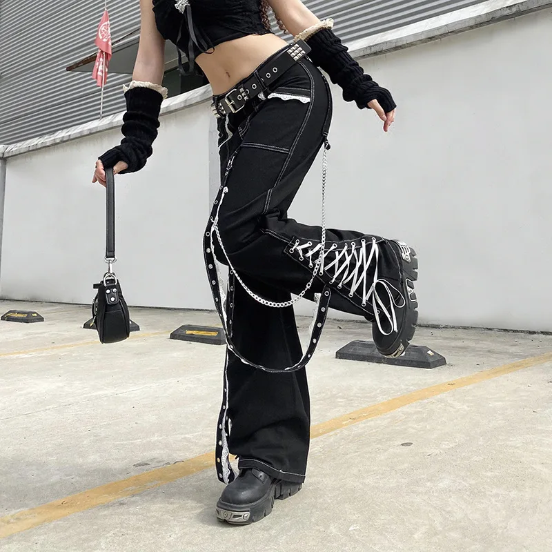 Gothic Women Baggy Jean Aesthetic Lace Up Patchwork Dark Academia Streetwear Punk Bandage Denim Pants Straight Pants