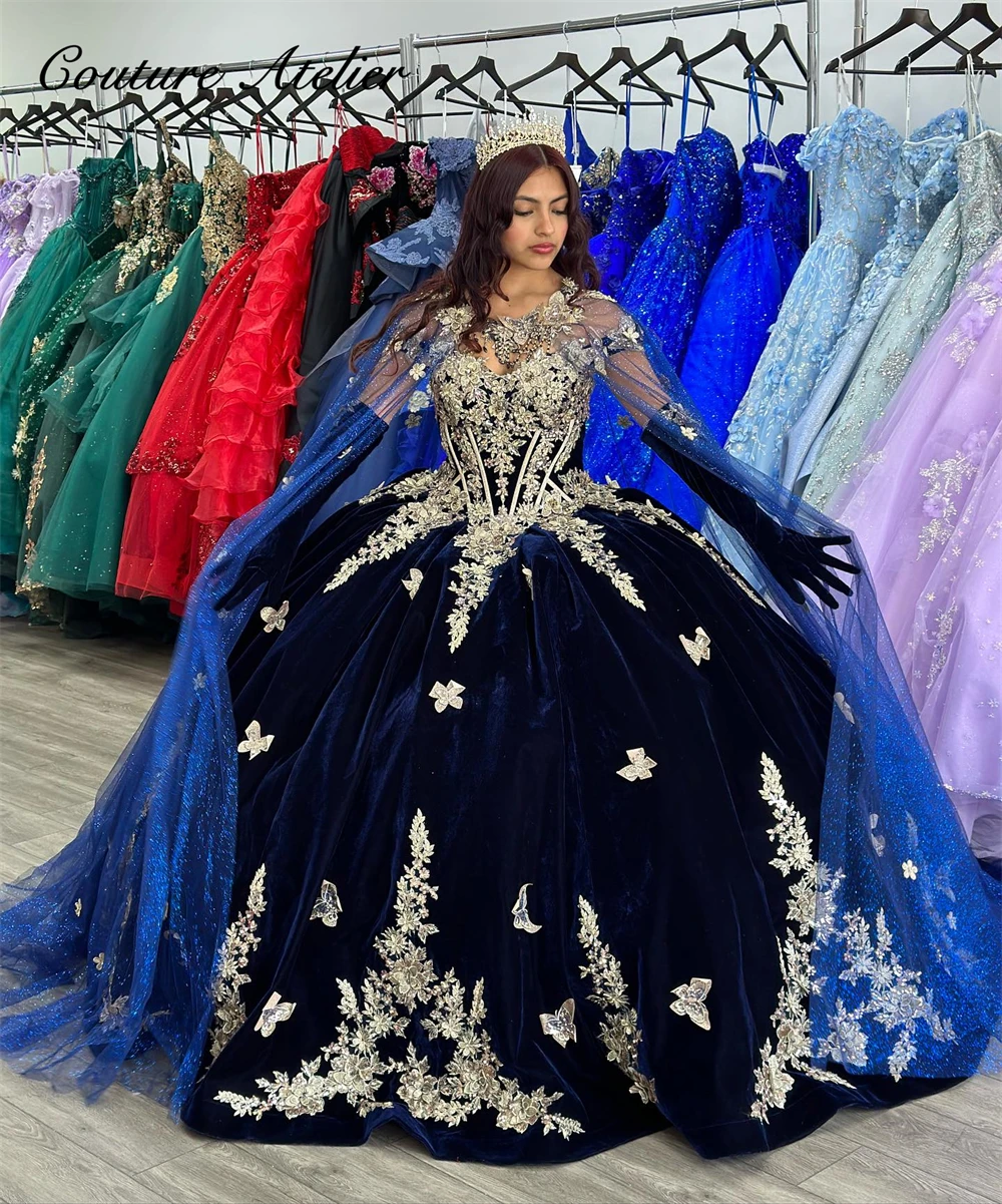 

Navy Blue Velvet Gold Lace Appliques 15 Year Old Quinceanera Dress 2023 With Gloves Sweet 16 Dress Party Gown Lace Up vstidos