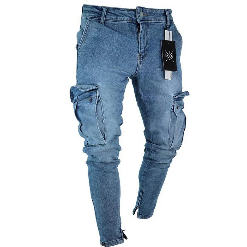 Men's New Stretch Jeans Trendy Knee Ripped Zipper Fashionable Skinny Four Seasons Trousers
