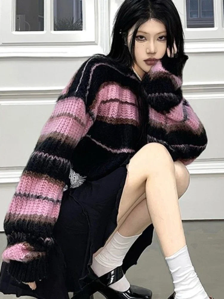 Женские пуловеры в стиле Харадзюку готический вязаный винтажный полосатый