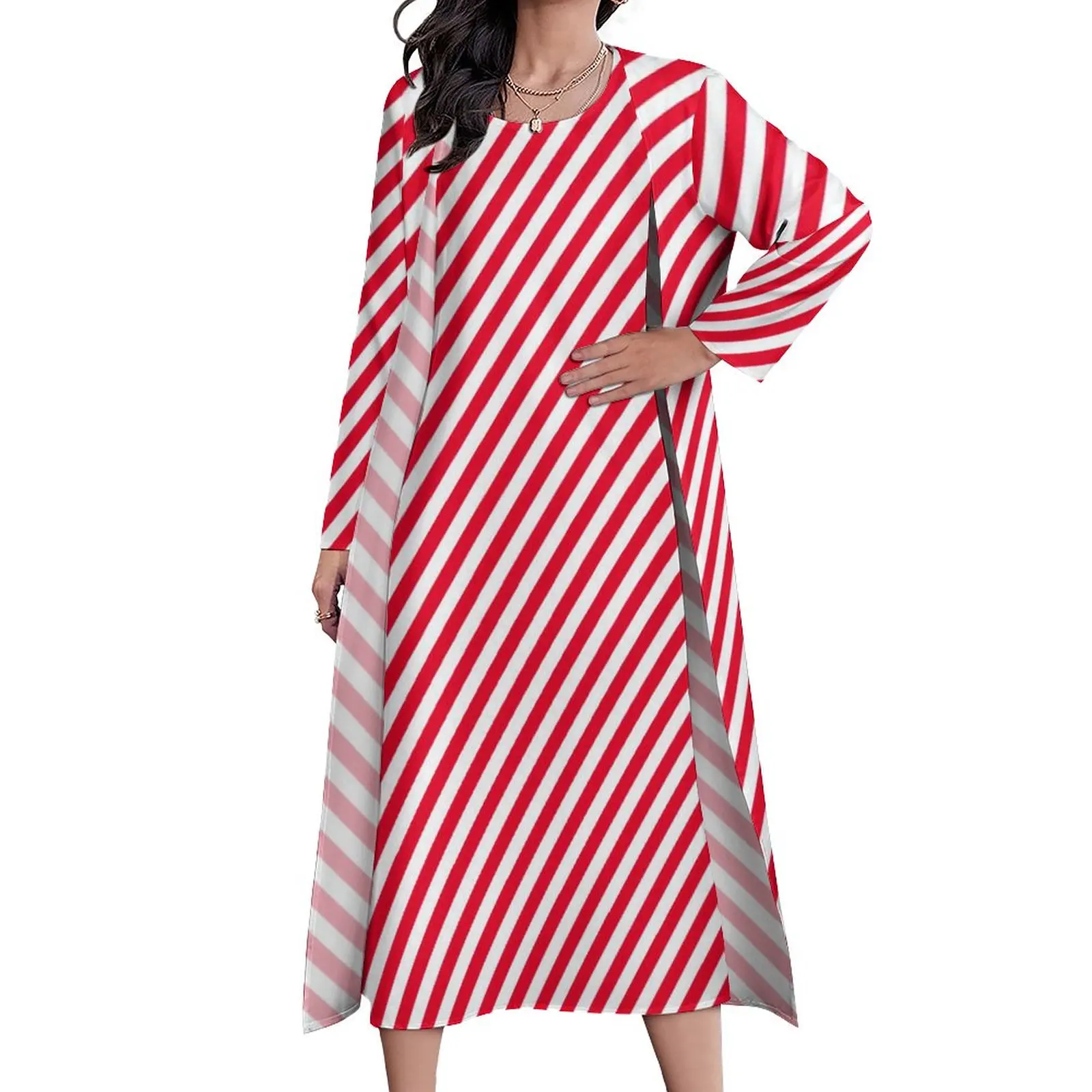 

Red White Diagonal Striped Dress Spring Red Stripes Christmas Elf Streetwear Boho Beach Long Dresses Woman Vintage Maxi Dress
