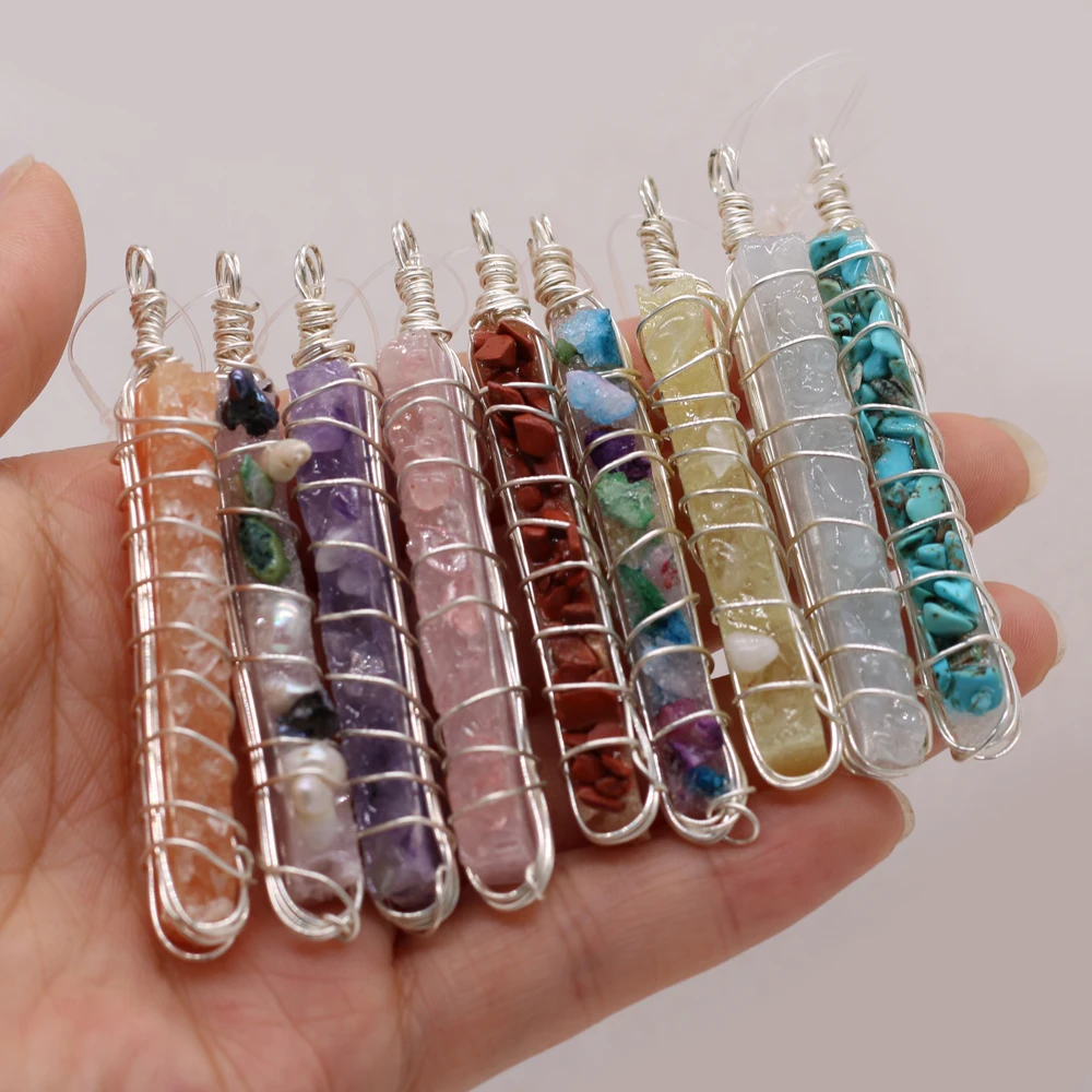 

Amethyst Rose Quartz Turquoise Long Strip Crystal Bud Pearl Pendant Natural Stone Mineral Jewelry Necklace Accessorie Gift8x65mm