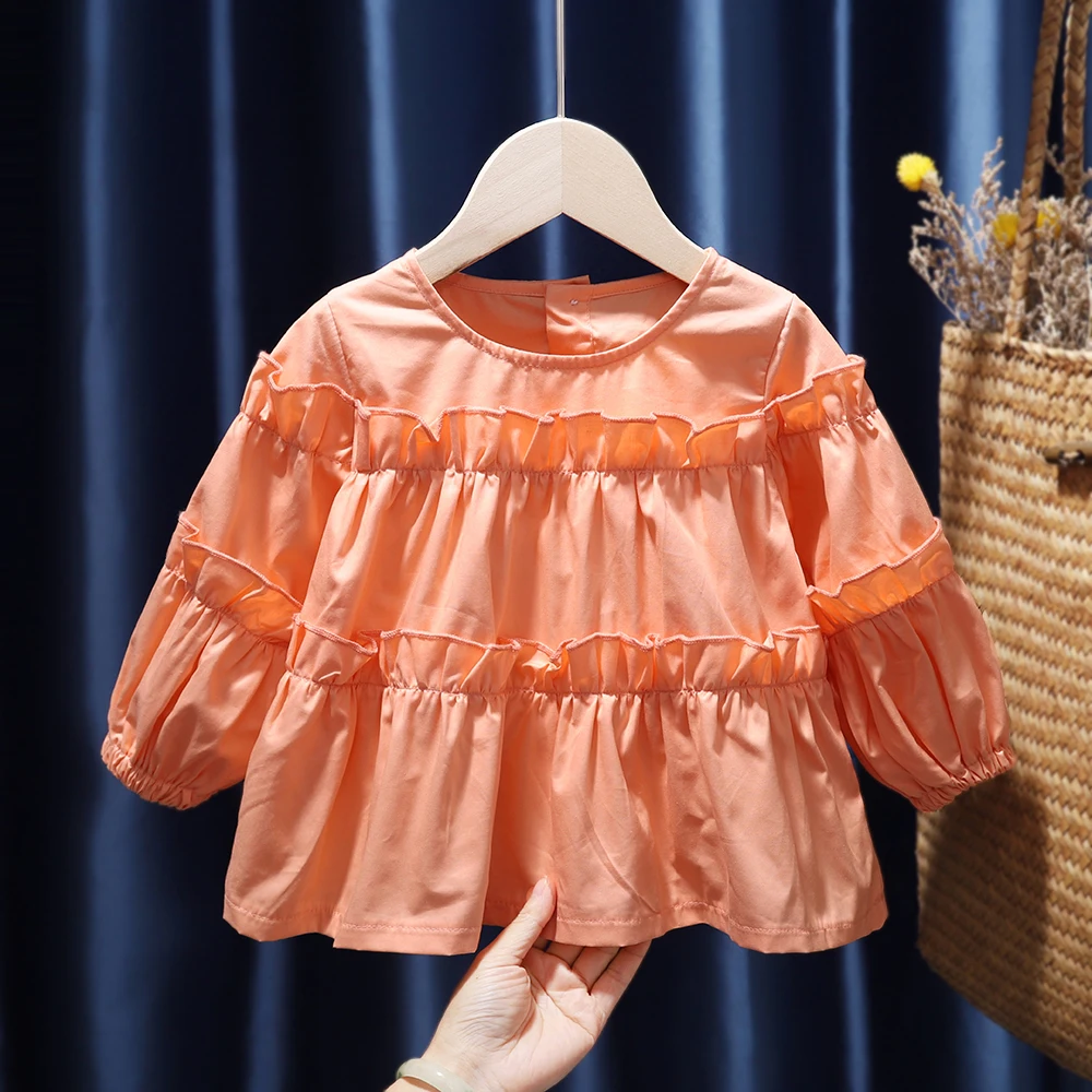 

Spring Summer Autumn Girls' Shirt Plain Color Patterned Girls' Long-sleeve Bubble Sleeve Blouse for Girls Aged 1 To 5