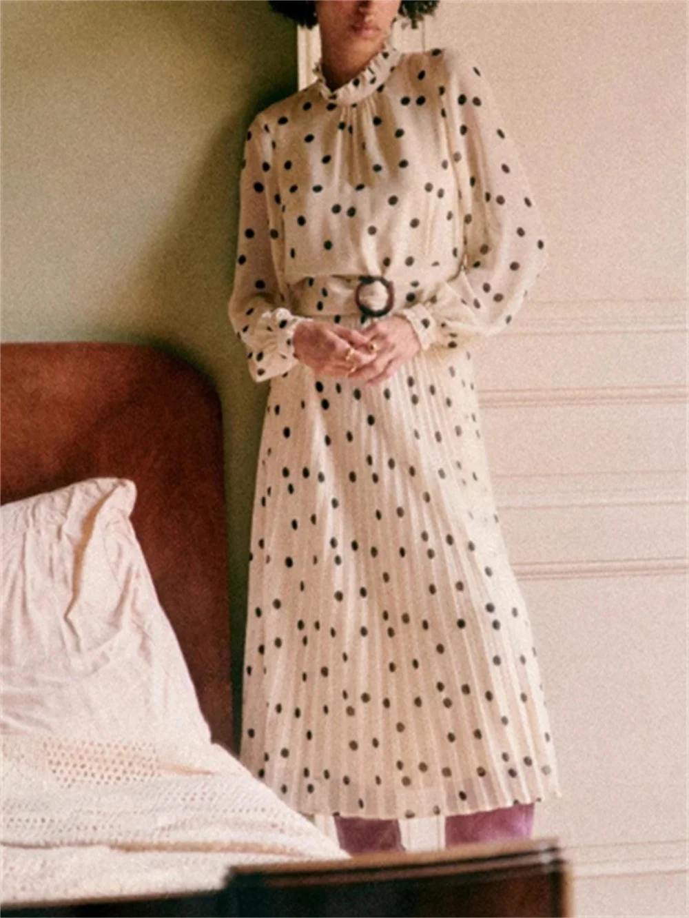 

Women Mid Length Skirt Polka Dot Print Pleated High Waist A-line Belt Jupe Commuter Spring Summer