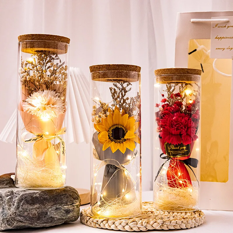 

Artificial Rose Soap Sunflower Wishing Bottle LED Light Gift Bag Set Valentine's Day Birthday Anniversary Gift for Women Teacher