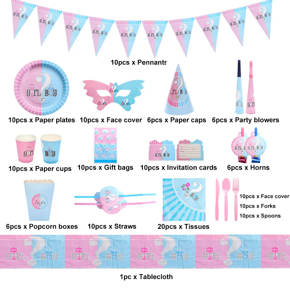 

145pcs/set Disposable Tableware Practical Banner Boy Or Girl Plates Cups Supplies Home Gender Reveal Party Decoration Tablecloth
