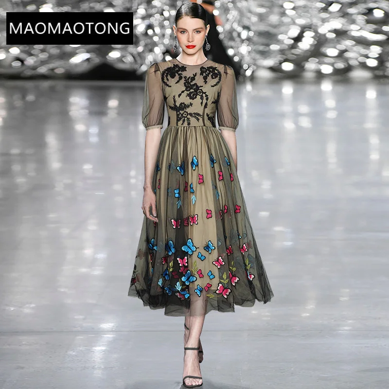 

Fashion Designer Spring Mesh Dress Women O-Neck Puff Sleeve Flowers Embroidery Vintage Party Dress