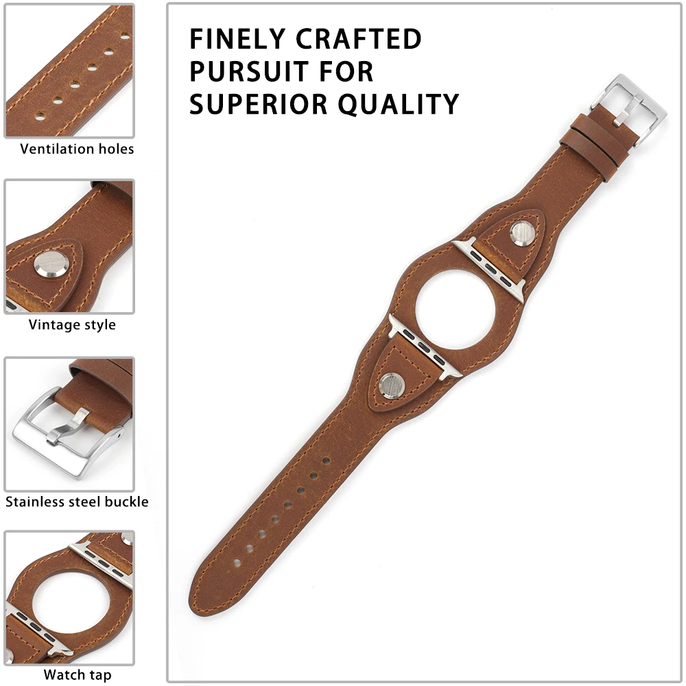 Retro Genuine Leather Hollow Sensor Rivet Strap for Apple Watch 7 Band Series 6 SE 5 4 3 Bracelet for Men Women Iwatch Belt