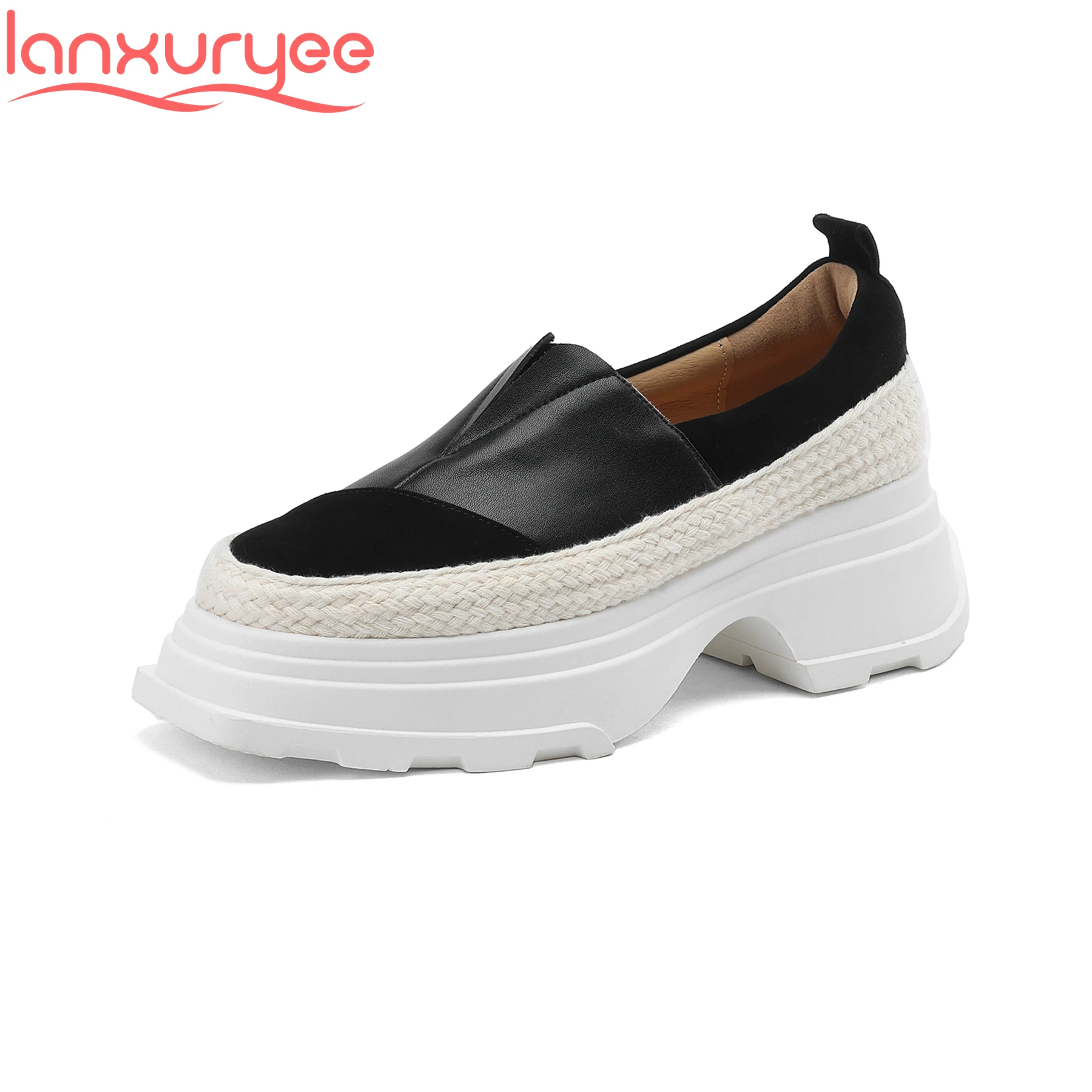 Брендовые Лоферы Lanxuryee из коровьей кожи на высоком каблуке с круглым носком