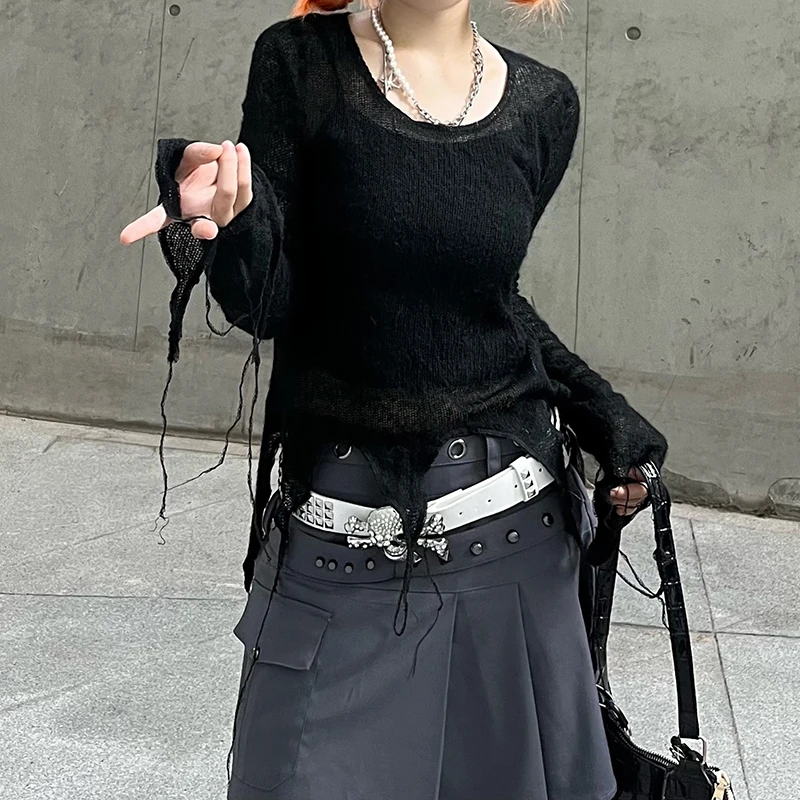 

Женская Осенняя блузка dark goth, сексуальный тонкий свитер с неровными стразами и бахромой, Прозрачная черная блузка