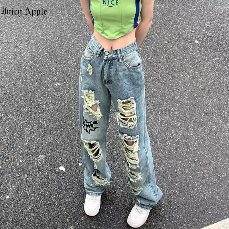 

Прямые рваные женские джинсы с низкой посадкой, в стиле Харадзюку