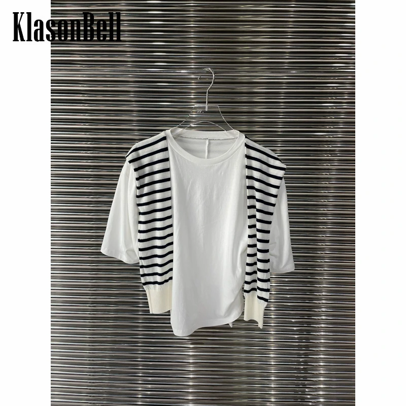 

2.4 KlasonBell Fake Two Piece Patchwork Striped White T-Shirt Women