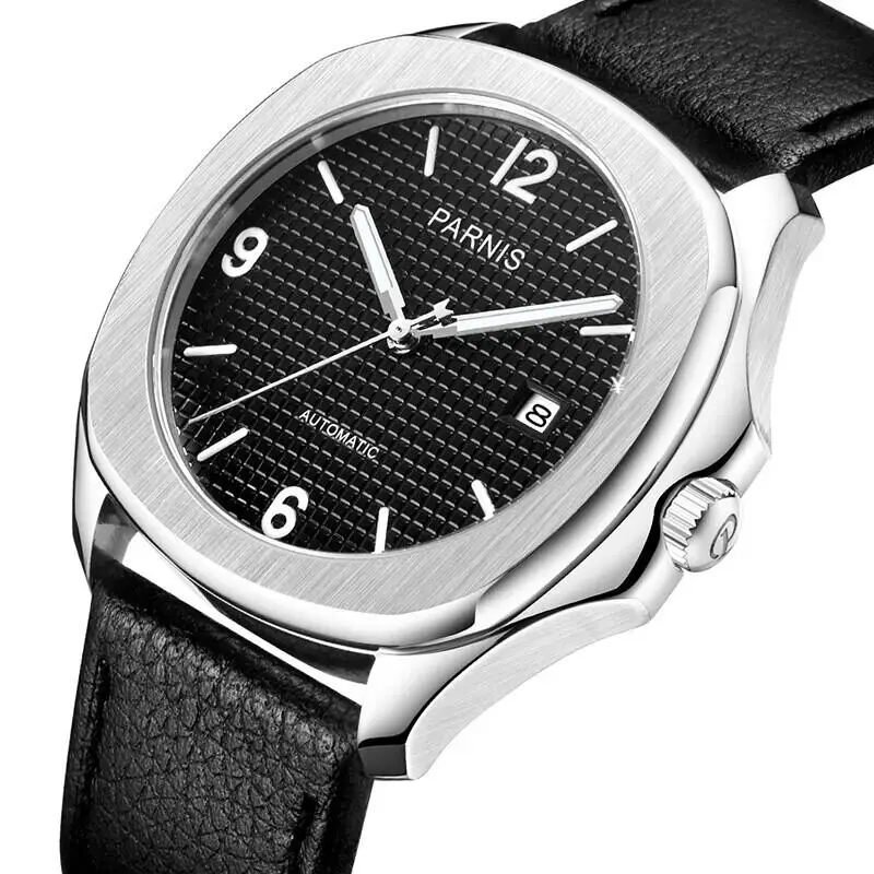 

Fashion Parnis 40mm Silver Case Automatic Mechanical Men Watch Calendar Leather Strap Sports Man Watches relogio masculino Gift