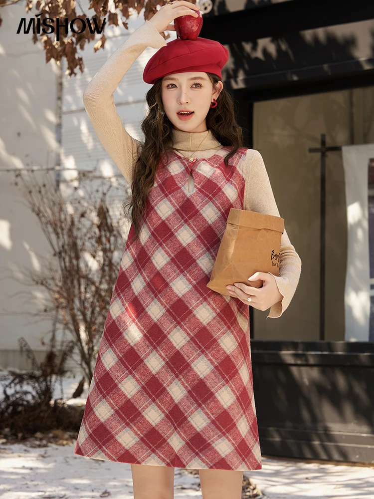 ła wełniana mieszanka sukienek w kratę dla kobiet moda zimowa Midi A-line Vintage koreańskie damskie kamizelki sukienki kobieta MXC58L1621