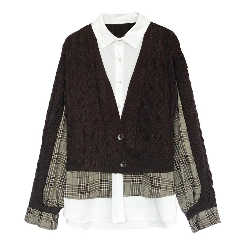 

2022 New Fake Two-piece Knitted Top Women's European Station Sweater Plaid Stitching Cardigan Coat Women