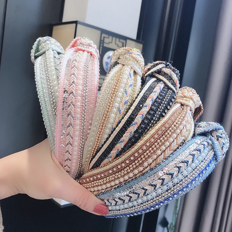 

New Wide Braid Bohemia Hairbands for Women Girls Shining Pearl Rhinestone Headband Hair Hoops Turban Adult Hair Accessories