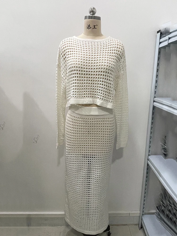 Женский элегантный вязаный комплект из двух предметов белый пуловер с длинным