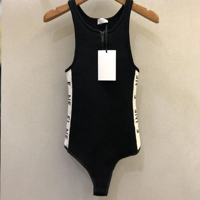 

22 Sexy Knitted Embroidery Sleeveless Bodysuit Designer Zipper Letter Logo Black Short Vest Stretch Threaded Slim White Bodysuit