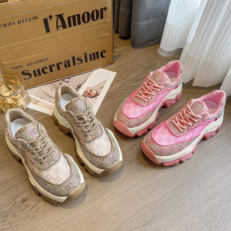 Rhinestone daddy shoes women 2023 summer new platform shoes breathable thick bottom increased pink sports and leisure shoes